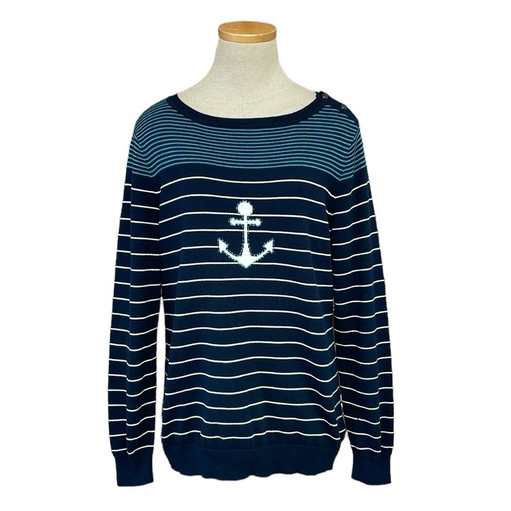 Brooks Brothers Sweater Womens L Large Blue Nautical Anchor Pullover Red Fleece